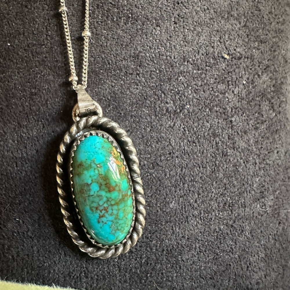 Hubei Dragon Mountain Turquoise Oval Pendant Necklace with 18” Silver Chain